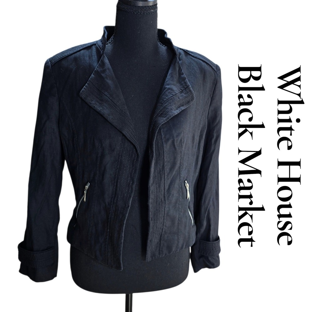 White House Black Market Jacket Womens 10 Black Lyocell Linen Military Cropped